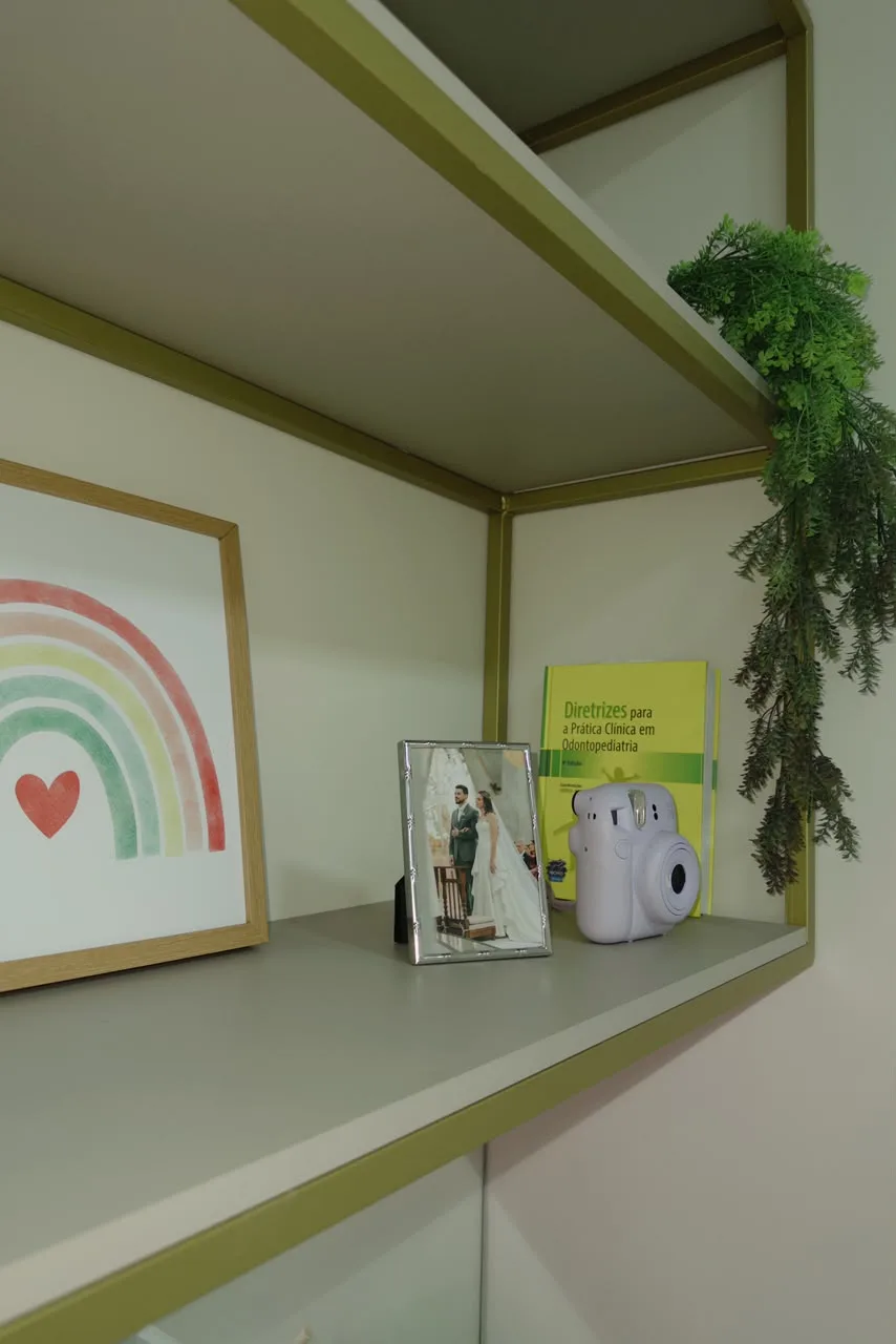 Prateleira decorada com arco-íris, plantas e lembranças